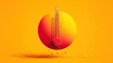 This abstract illustration features a thermometer set against a vibrant gradient background. The design conveys concepts of heat and temperature through vivid colors.の素材