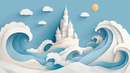 A captivating illustration of a fairy tale castle amidst rolling waves and fluffy clouds, evoking a sense of wonder. Ideal for fantasy-themed projects and art.の素材