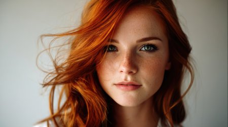 Stunning portrait showcasing a young woman's beauty, featuring her radiant red hair and captivating green eyes, radiating confidence and serenity against a soft background.の素材