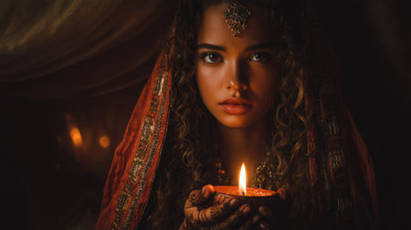 A young woman dressed in traditional attire holds a glowing candle, surrounded by soft lighting and rich fabrics, creating an enchanting atmosphere filled with beauty and serenity.の素材
