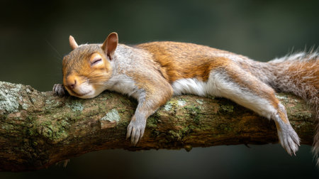 A peaceful squirrel takes a nap on a sturdy branch, showcasing a cozy moment in the wild. The soft fur and serene expression highlight nature's beauty and tranquility.の素材