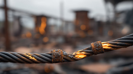 A close-up view of a rusty wire rope showing sparks, reflecting the decay and neglect of industrial settings. The blurred background hints at an abandoned factory.の素材