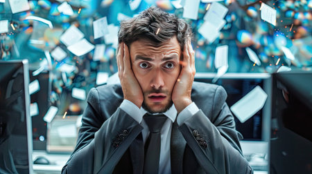 Man in suit looking helpless, surrounded by technical problems on his computer screen.の素材