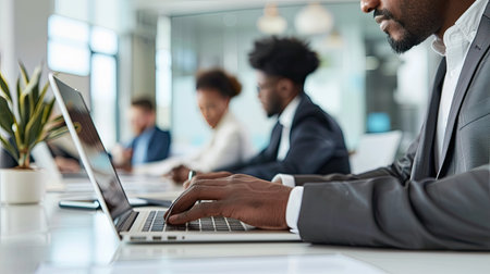 Young businessman using a laptop during a group meeting at a modern office table.の素材
