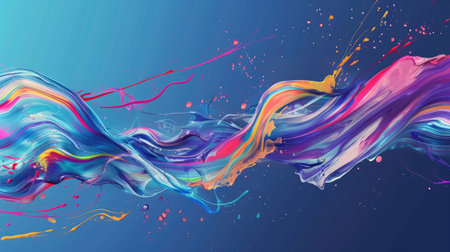 Abstract splash with colorful brush paint ribbons and wave-like flow.の素材