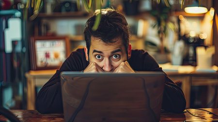 Office worker with a hopeless expression, staring at his unresponsive laptop.の素材