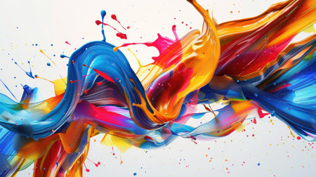 Swirling abstract design with colorful brush paint ribbons and splash effects.の素材