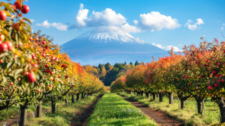 Fruit fields lined with bountiful trees, Mount Fuji's peak rising in the distance, capturing the essence of the harvest season.の素材