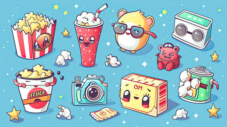 Cute kawaii cinema mascots set isolated on background. Contemporary vector cartoon illustration of a soda can, ticket, and popcorn in 3D glasses, along with vintage camera characters with faces.の素材