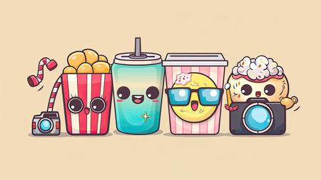 Collection of adorable kawaii cinema mascots featuring a soda can, movie ticket, popcorn with 3D glasses, and a vintage camera, each with cute faces and expressions.の素材