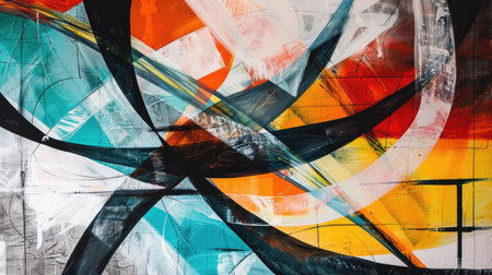 Abstract art piece with intertwining lines and shapes representing networking and collaboration.の素材