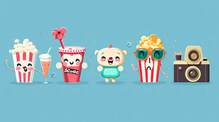 Set of cute kawaii cinema mascots: soda can, ticket, popcorn in 3D glasses, and vintage camera characters, all with charming faces and playful expressions.の素材