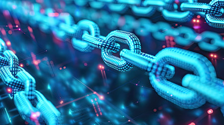 Abstract digital rendering of a blockchain with nodes and links representing decentralization.の素材