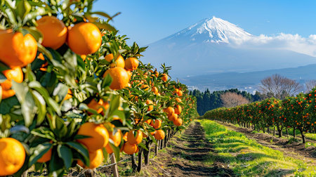 Fruit fields stretching towards Mount Fuji, trees heavy with ripe fruit, capturing the essence of the harvest season.の素材