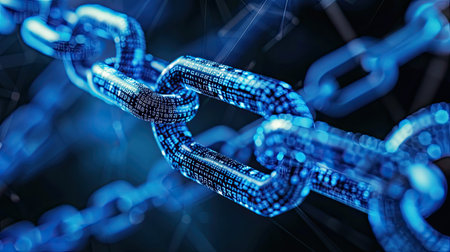 Artistic representation of a blockchain network with connected nodes and links.の素材