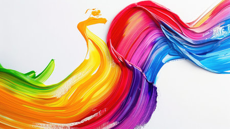 Dynamic swirl of brush paint ribbons in rainbow hues, creating an abstract wave on a white background.の素材
