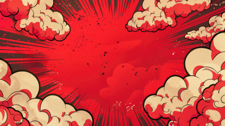 Bold red clouds with comic book style outlines and shading, adding a fun element to the backgroundの素材
