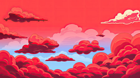 Playful red cartoon clouds with bold outlines, perfect for dynamic and fun visuals.の素材