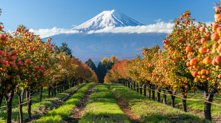 Ripe fruit trees in neat rows, with Mount Fuji's snow-capped peak creating a picturesque harvest scene.の素材