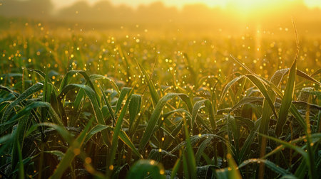 Cornfield at dawn with green stalks shimmering with morning dew.の素材