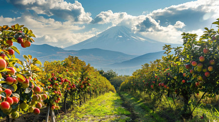 Rows of ripe fruit trees with Mount Fuji's iconic peak providing a stunning backdrop to the fruitful harvest fields.の素材