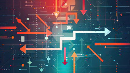 Minimalist digital illustration of strategic business direction with arrows and pathwaysの素材