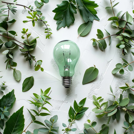Green Light Bulb with Green Leaves - Flat Layの素材