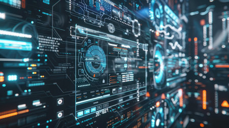 Digital rendering of a futuristic interface with business analytics and data streams.の素材