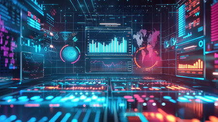 Futuristic business dashboard with holographic charts and data visualization.の素材