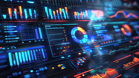 Futuristic business dashboard with holographic charts and data visualization.の素材