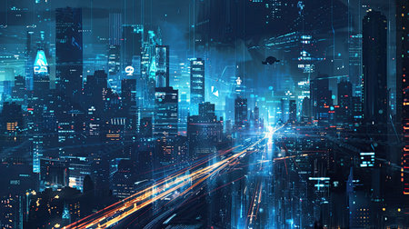 Futuristic cityscape with digital elements showing smart business infrastructure.の素材