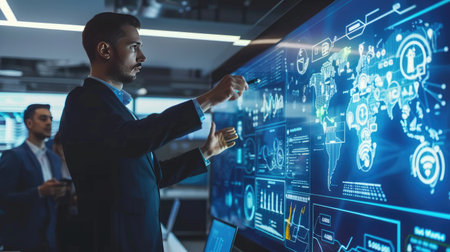 Business leader presenting a visionary strategy to team members using a digital projector.の素材