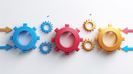 Minimalistic design of business processes with gears and arrows on a white background.の素材