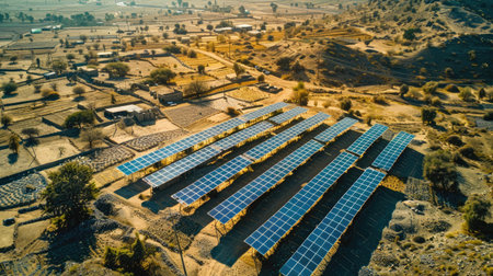 A solar panel array in a remote area, harnessing renewable energy from the sun.の素材