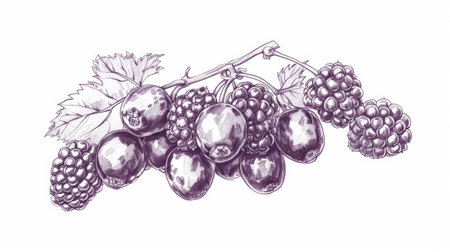 Detailed sketch of a cluster of blackberries, each berry distinct and textured.の素材