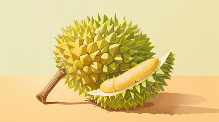 Detailed illustration of a durian, with its spiky exterior and soft interior.の素材