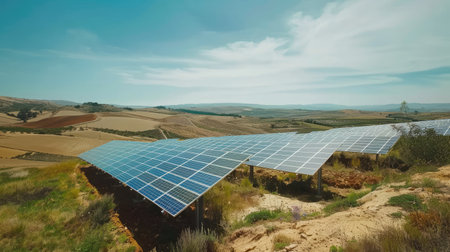 A solar panel array in a remote area, harnessing renewable energy from the sun.の素材