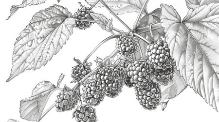 Detailed sketch of a mulberry, with its clustered drupelets and leaves.の素材