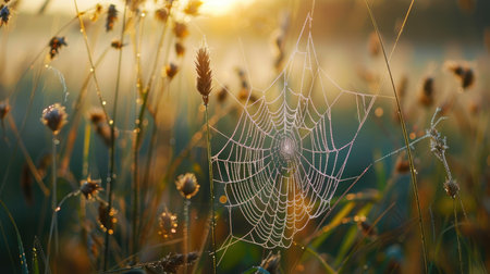 Dew on a spider web spun between tall grasses, sparkling in the dawn light.の素材