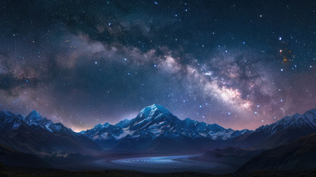 A starry sky over a mountainous horizon, with the Milky Way stretching across the night.の素材