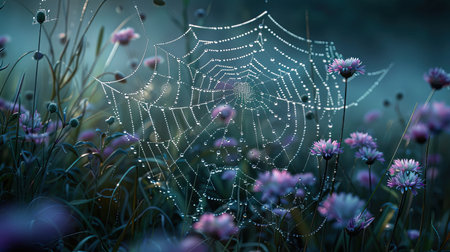 Dew droplets on a spider web among wildflowers, creating a magical scene.の素材