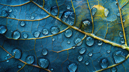 Dew drops on a leaf, magnifying the leaf's veins and creating a natural jewel-like appearance.の素材