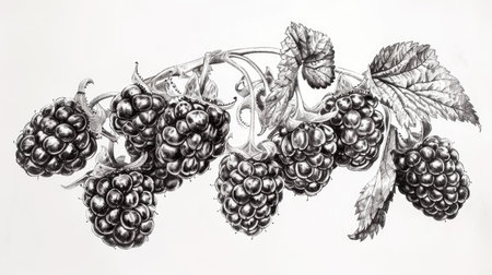 Detailed sketch of a cluster of blackberries, each berry distinct and textured.の素材
