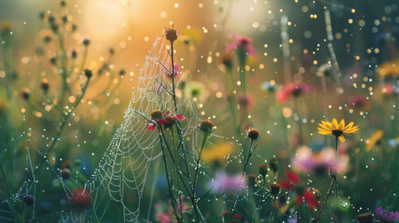 Dew droplets on a spider web among wildflowers, creating a magical scene.の素材