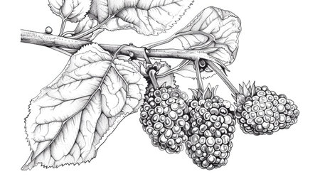 Detailed sketch of a mulberry, with its clustered drupelets and leaves.の素材