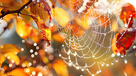 Dew droplets on a spider web among autumn leaves, creating a sparkling effect.の素材