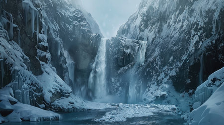 A waterfall flowing through a frosty mountain gorge, with snow and ice along the banks.の素材