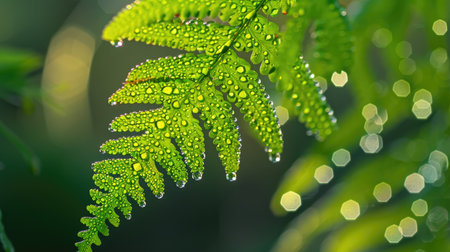 Morning dew on a fern leaf, with droplets highlighting the intricate structure.の素材