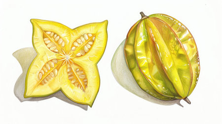 Drawing of a whole and halved carambola (starfruit), highlighting its unique shape.の素材