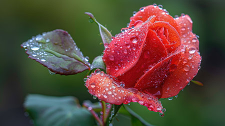 Morning dew on a rose bud, with droplets glistening against the vibrant color.の素材